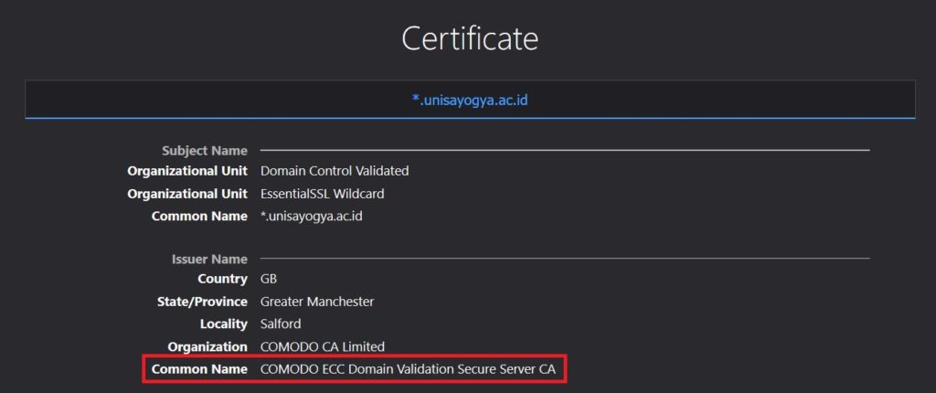 lihat nama umum dari sertifikat yang digunakan